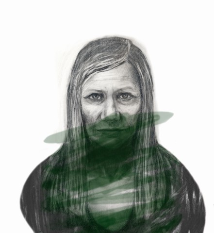 Piirroskasvokuva naisesta, tummat hiukset ja vihreä varjostus peittää osan kasvoista, tausta valkoinen.